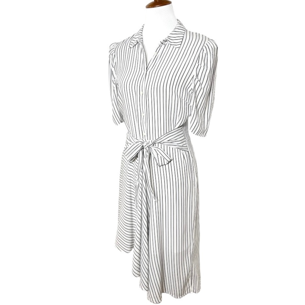 1. State White Pinstripe Tie Waist Asymmetrical High Low Short Sleeve Shittdress - Picture 5 of 12